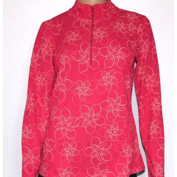 LL BEAN Quarter Zip Bright Pink Floral Activewear Top Golf Sun Pool Womens Sz M - Picture 1 of 6